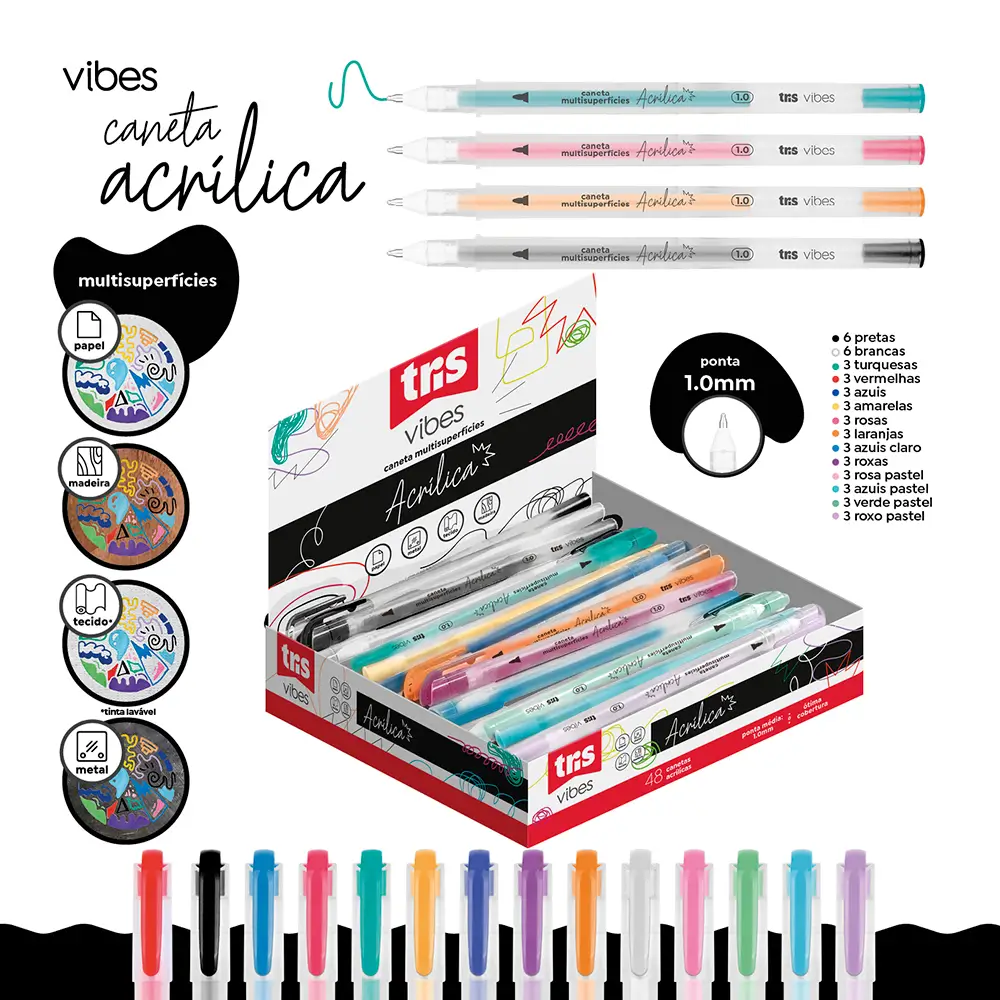 Caneta Acrílica Vibes - 1.0mm - Cores Sortidas - Display C/ 48 un - Tris - Imagem 4
