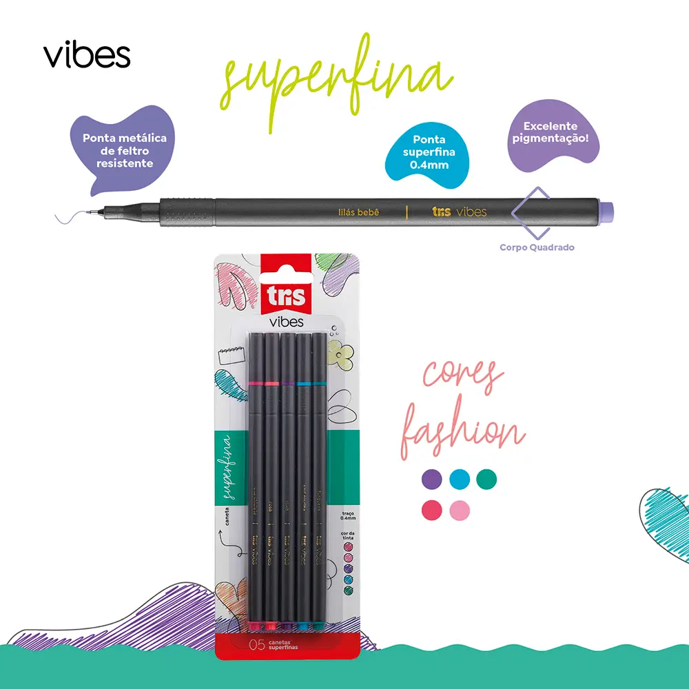 Caneta Superfina Cores Fashion Vibes - Cores Sortidas - Cartela C/ 5 un- Tris - Imagem 4