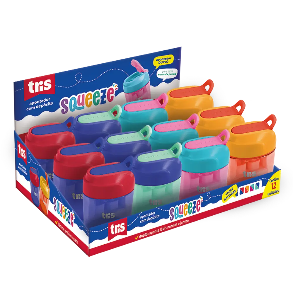 Apontador Duplo com Depósito Squeeze - Display C/ 12 un - Tris - Imagem 1