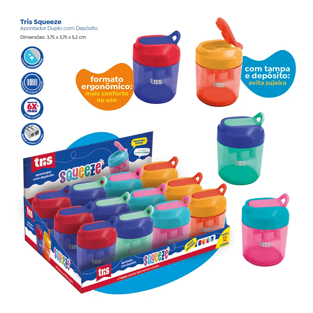 Apontador Duplo com Depósito Squeeze - Display C/ 12 un - Tris - Imagem 3