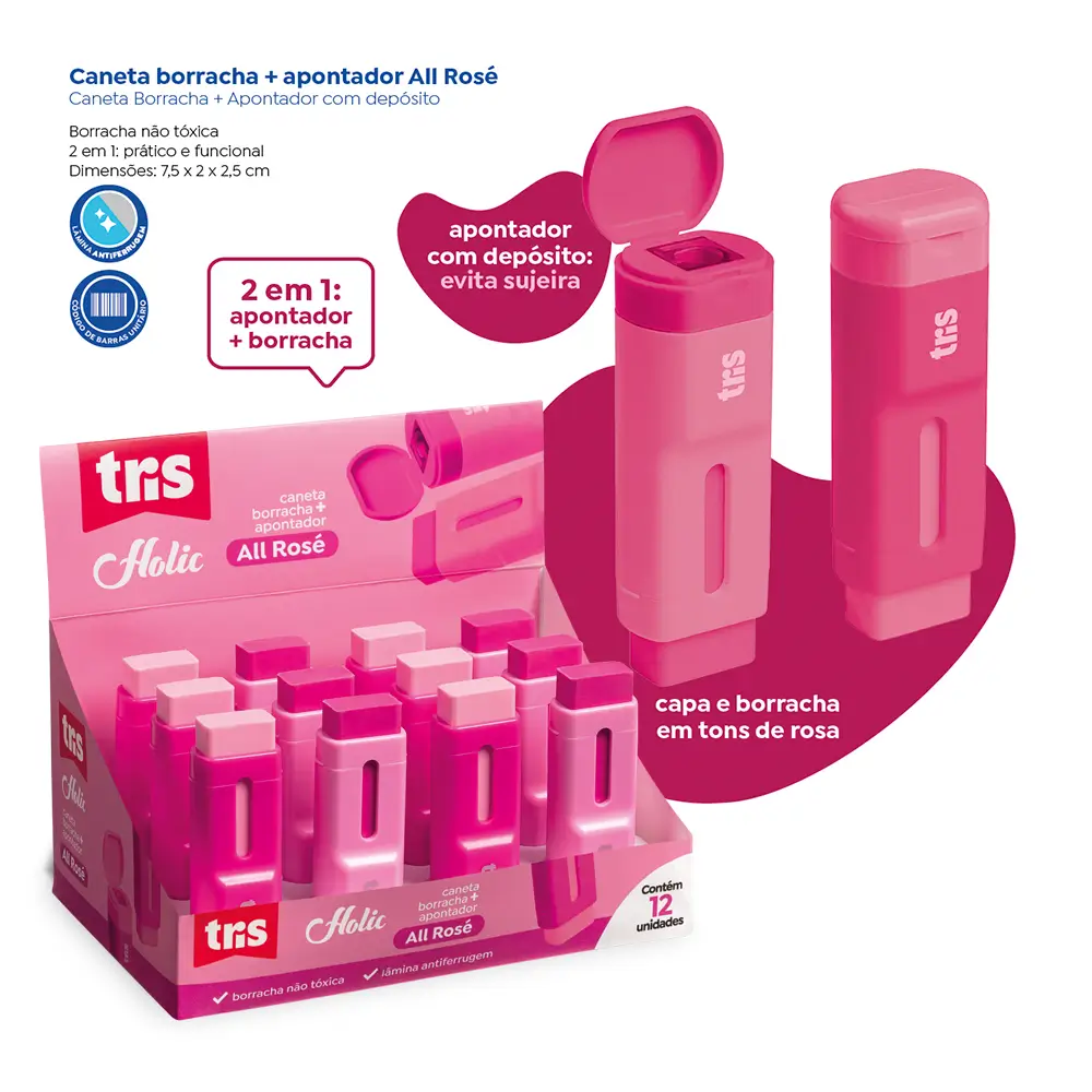Caneta Borracha + Apontador com Depósito Holic All Rosé - Display C/ 12un - Tris - Imagem 4
