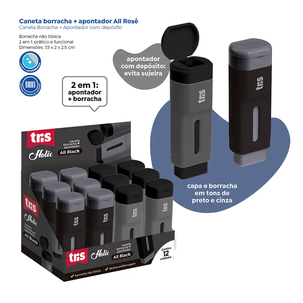 Caneta Borracha + Apontador com Depósito Holic All Black - Display C/ 12un - Tris - Imagem 4