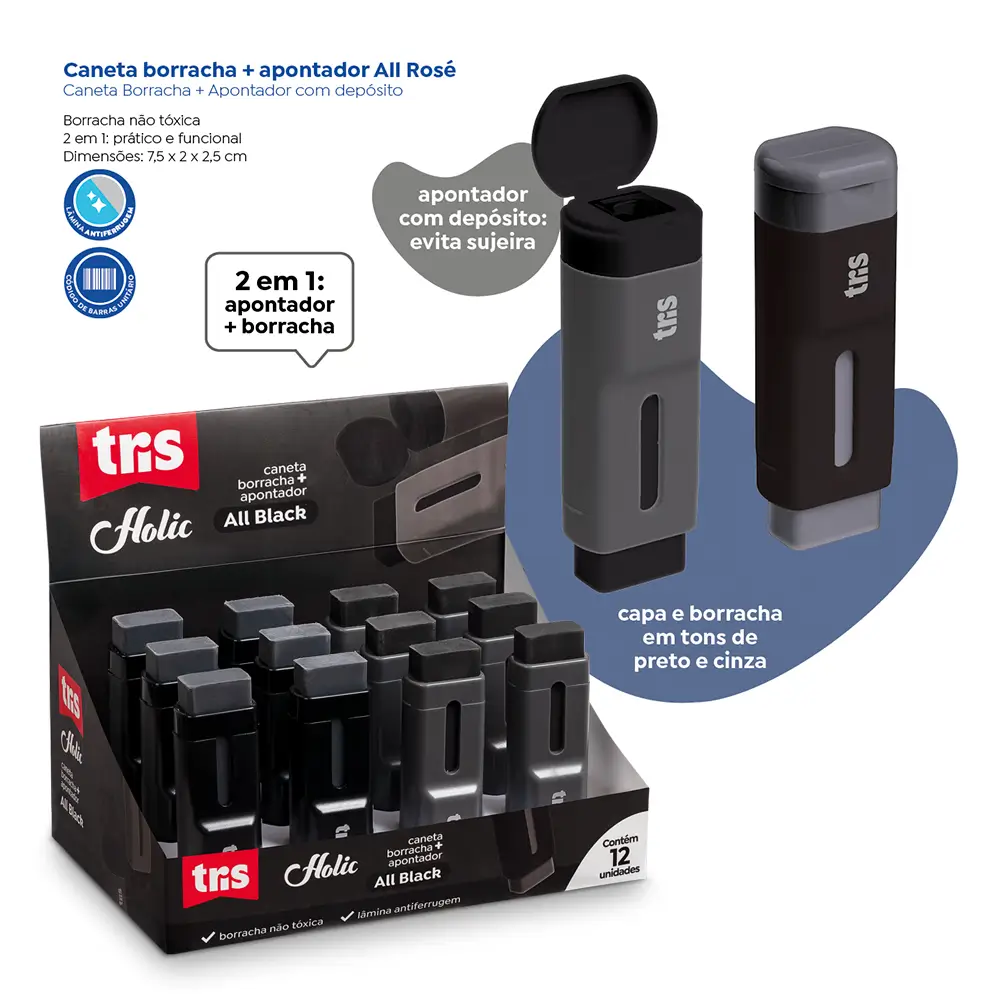 Caneta Borracha + Apontador com Depósito Holic All Black - Display C/ 12un - Tris - Imagem 5