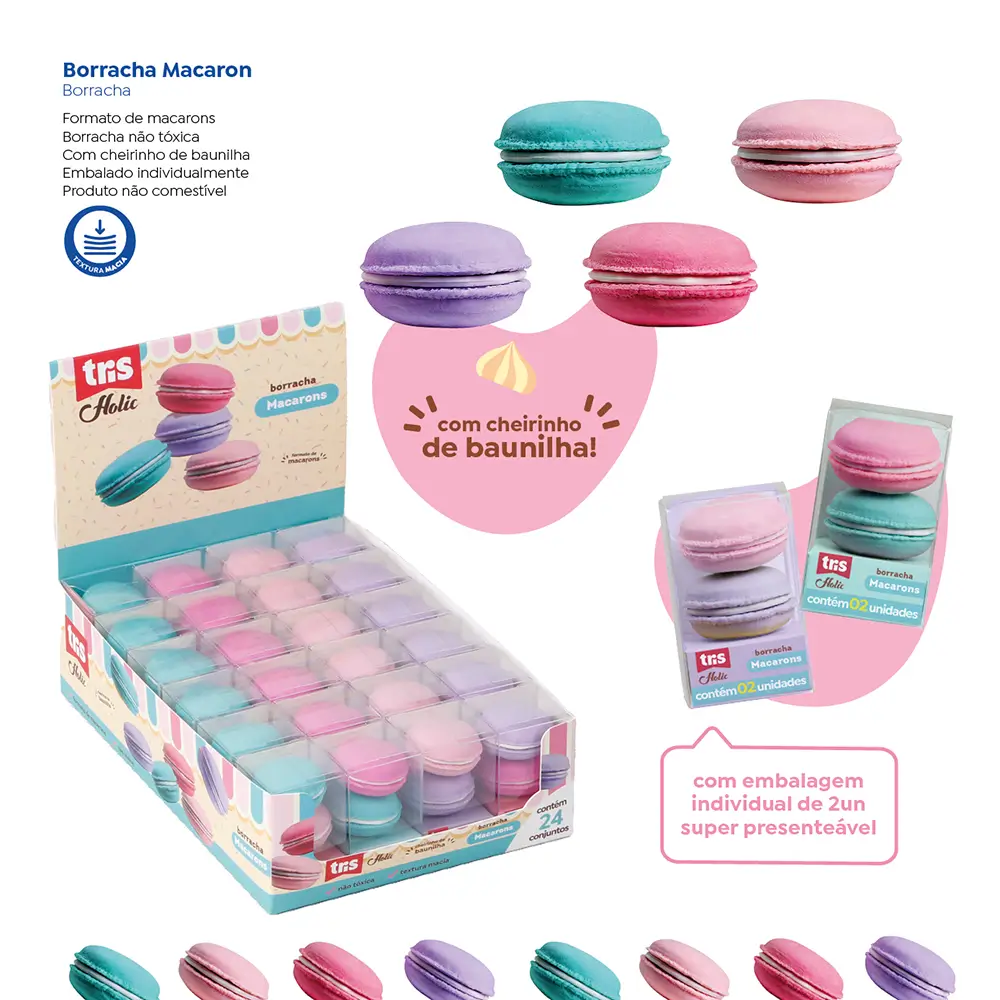 Borracha Macaron Holic Docinhos - Cores Sortidas - Display C/ 24Conjuntos C/ 2 Cada - Tris - Imagem 4