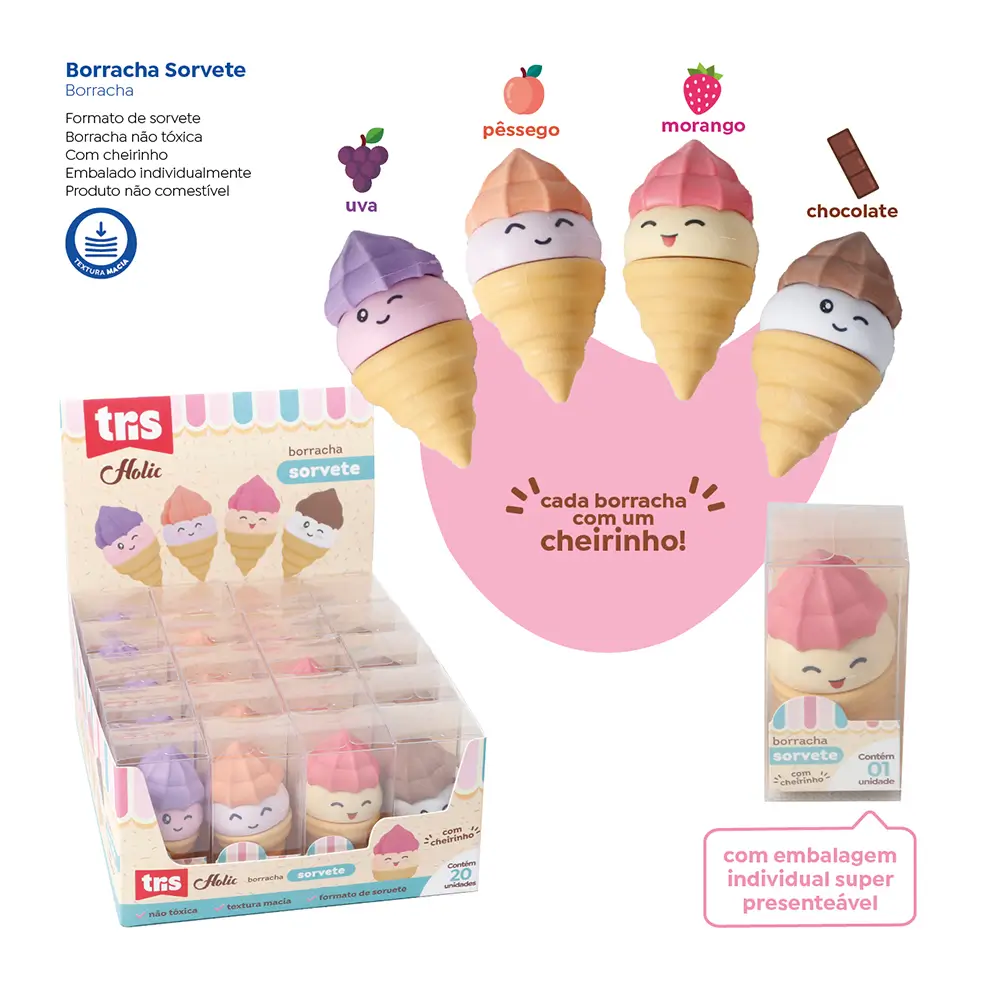 Borracha Sorvete Holic Docinhos - Cores Sortidas - Display C/ 20 un -Tris - Imagem 4