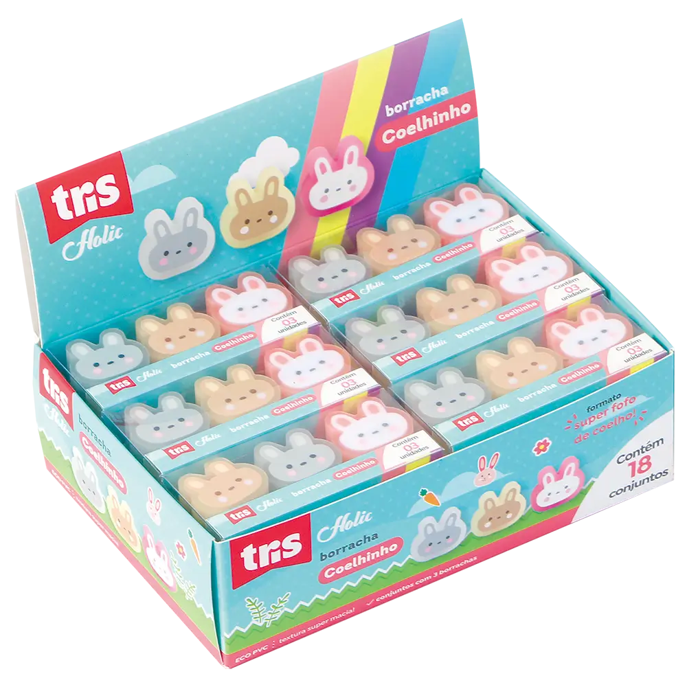 Borracha Coelhinho Holic Fofurices - Display C/ 18 Conjuntos C/ 3 Cada -Tris - Imagem 1