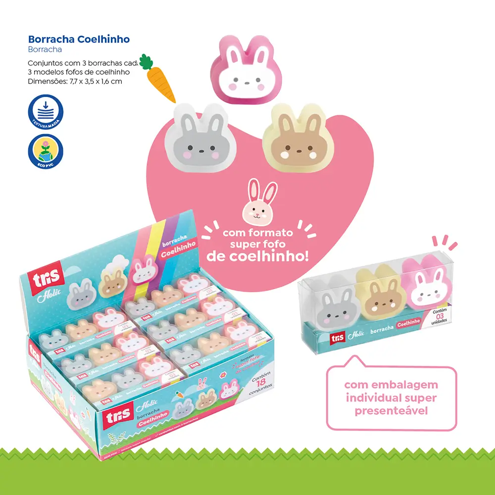 Borracha Coelhinho Holic Fofurices - Display C/ 18 Conjuntos C/ 3 Cada -Tris - Imagem 4