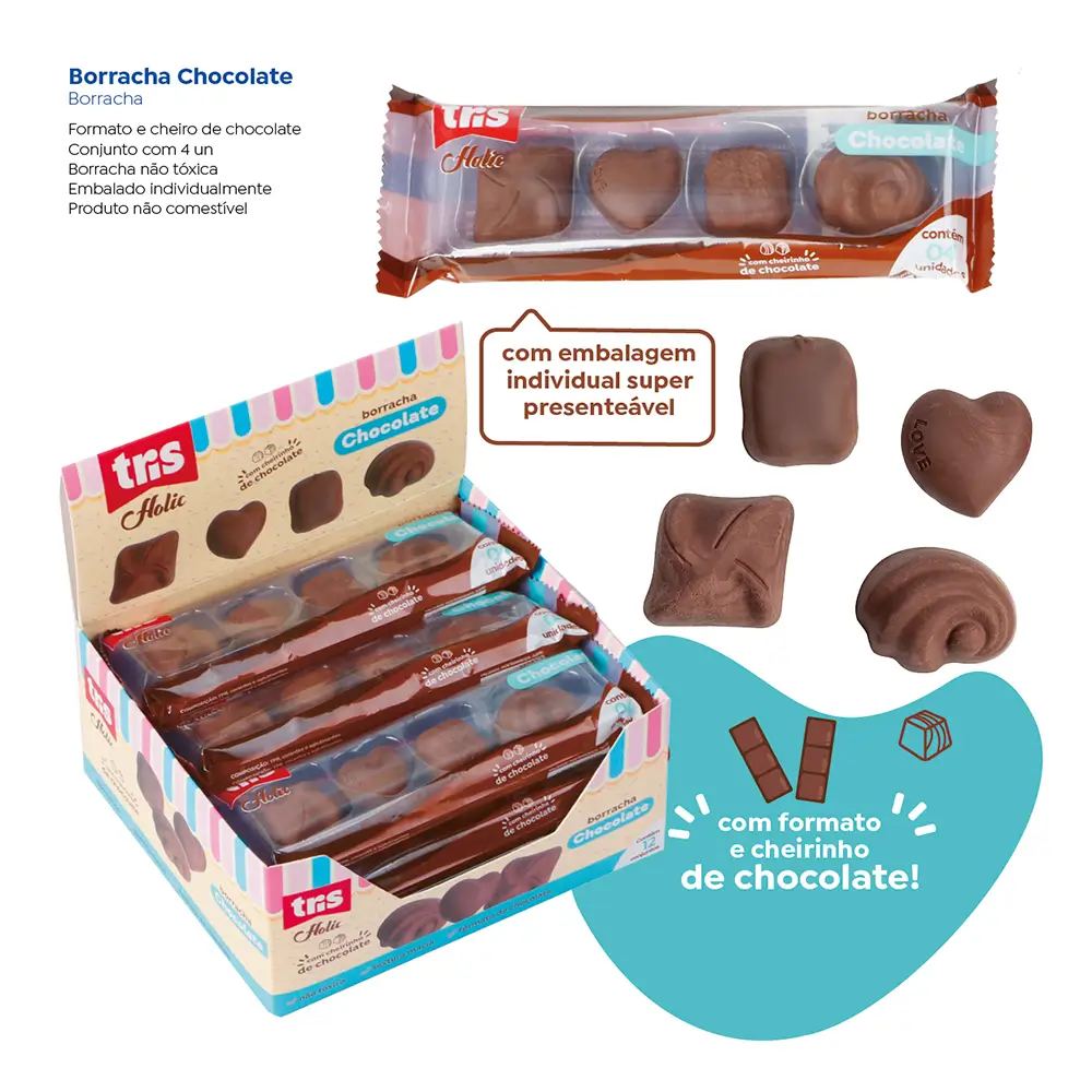 Borracha Chocolate Holic Docinhos - Display C/ 12 Conjuntos C/ 4 Cada -Tris - Imagem 4