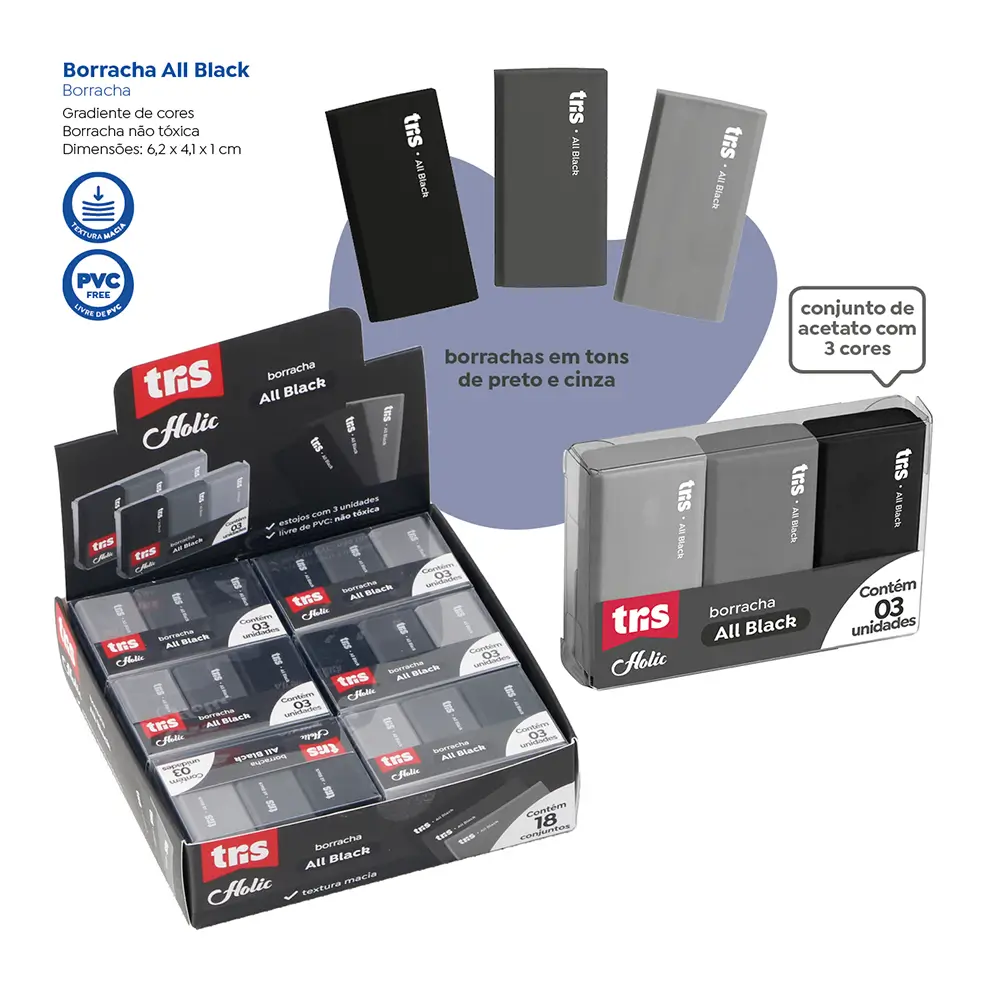 Borracha Holic All Black - Display C/ 18 Estojos C/ 3 un - Tris - Imagem 4