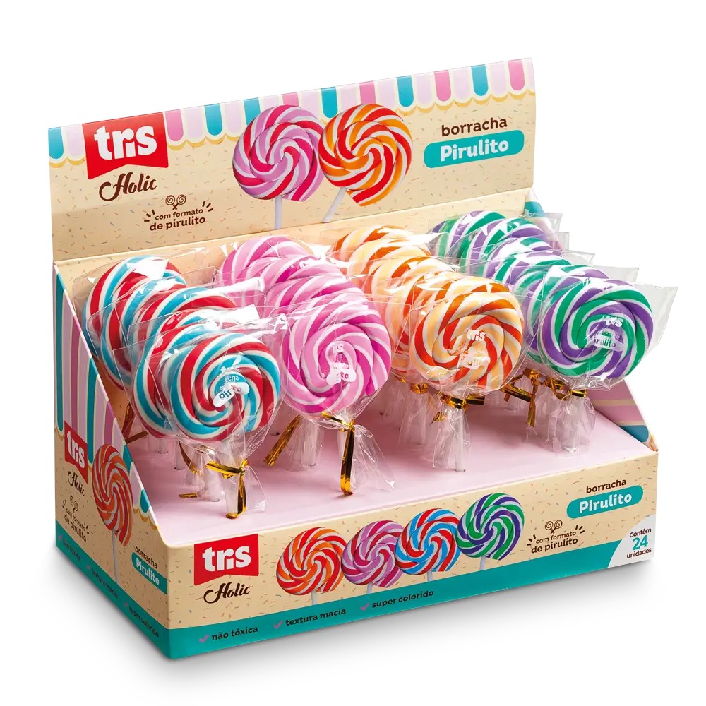 Borracha Pirulito Holic Docinhos - Cores Sortidas - Display C/ 24 un -Tris - Imagem 1