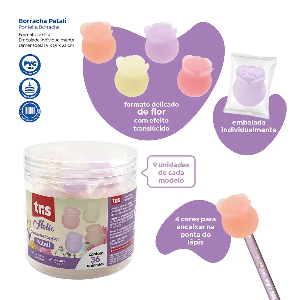 Borracha Ponteira Petali Holic Delicata - Cores Sortidas - Pote C/ 36 un- Tris - Imagem 3