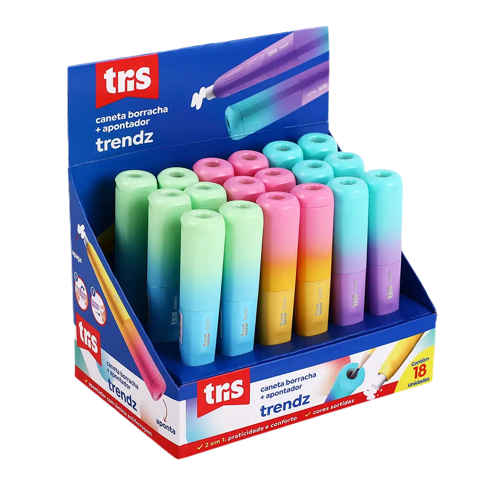 Caneta Borracha + Apontador com Depósito Trendz - Cores Sortidas -Display C/18 un - Tris - Imagem 1
