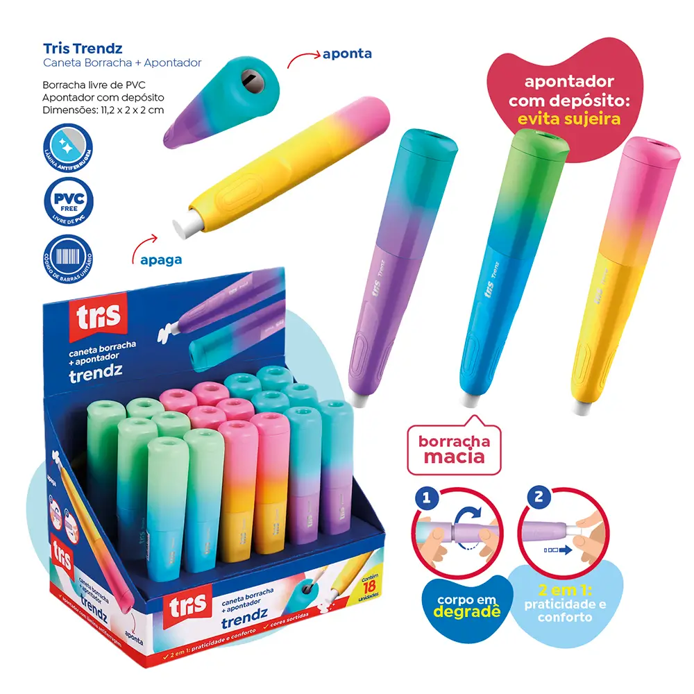 Caneta Borracha + Apontador com Depósito Trendz - Cores Sortidas -Display C/18 un - Tris - Imagem 3