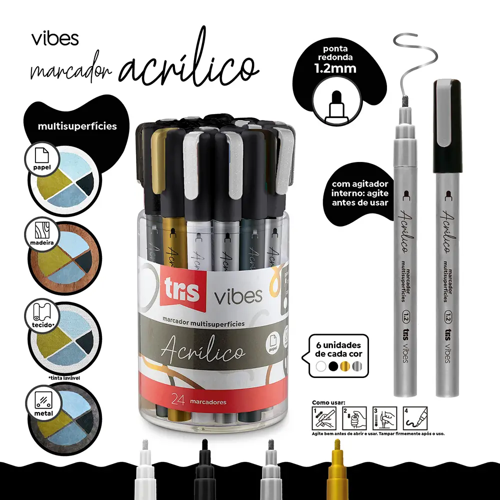 Marcador Acrílico Vibes - 1.2mm - Multisuperfícies - Pote C/ 24 un -Tris - Imagem 4