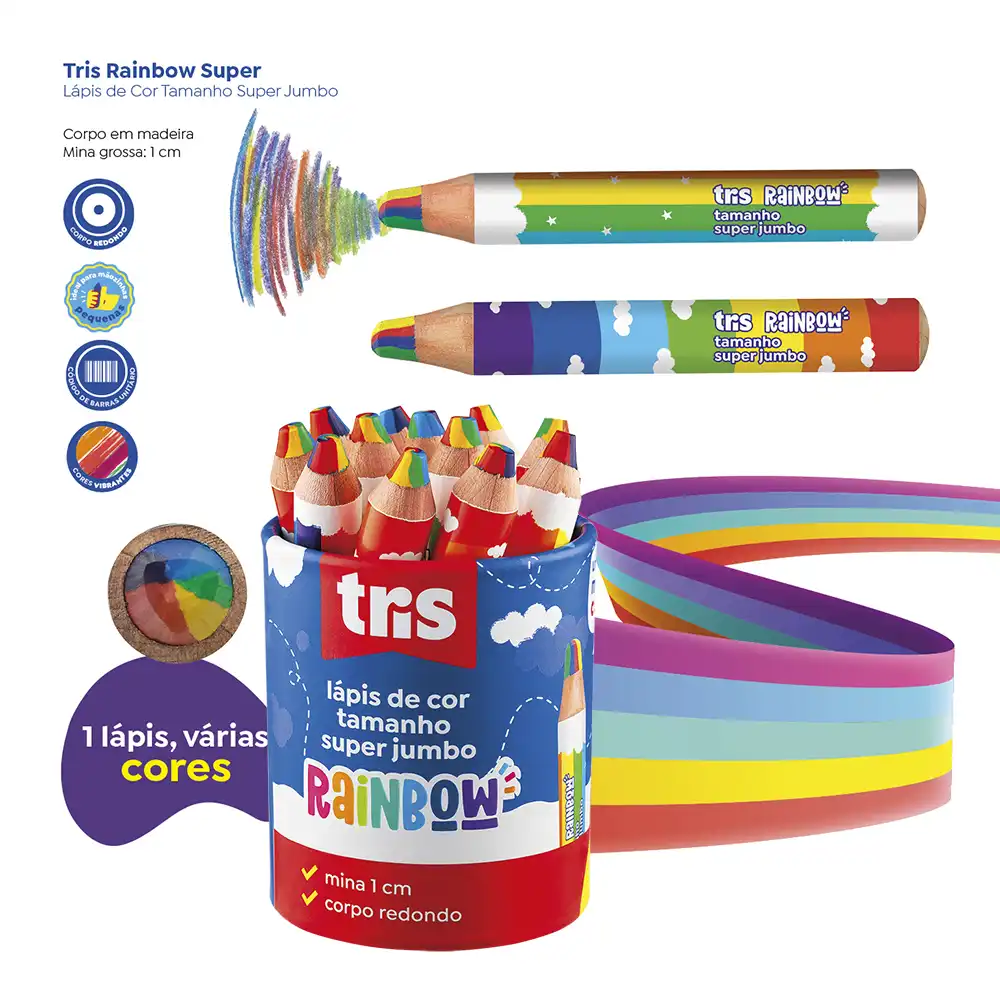 Lápis de Cor Rainbow Tamanho Super Jumbo - Mina Multicolorida - PoteC/12 un - Tris - Imagem 3