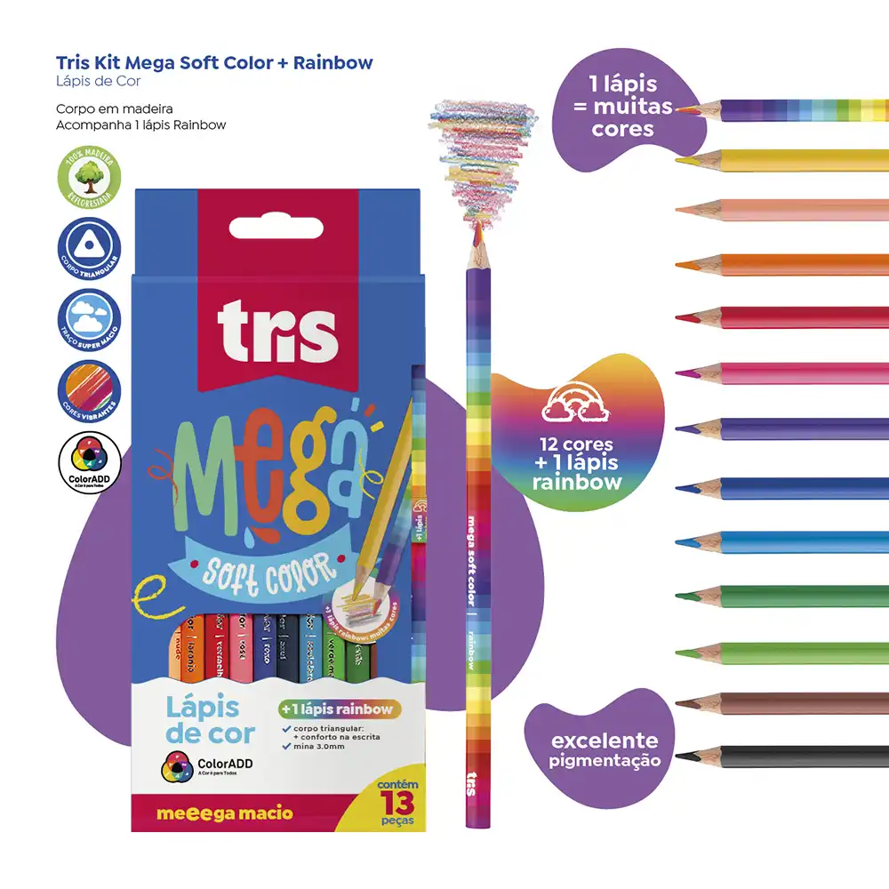 Lápis de Cor Mega Soft Color - 12 Cores + 1 Lápis Rainbow - Tris - Imagem 3