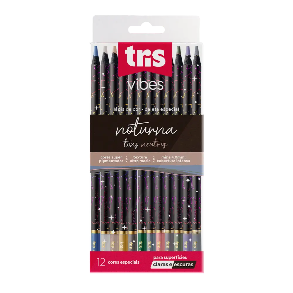 Lápis de Cor Vibes - Noturna - Tons Neutros - 12 Cores - Tris - Imagem 1