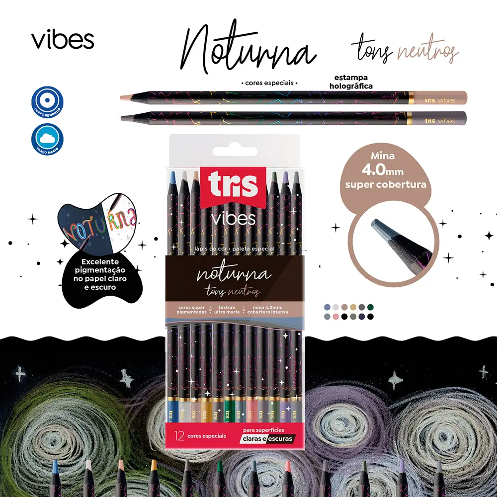Lápis de Cor Vibes - Noturna - Tons Neutros - 12 Cores - Tris - Imagem 3