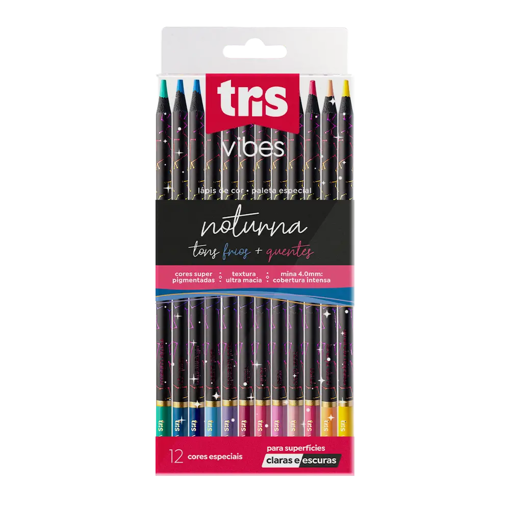 Lápis de Cor Vibes - Noturna - Tons Frios e Quentes - 12 Cores - Tris - Imagem 1