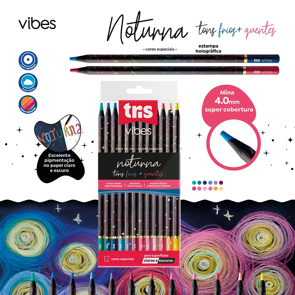 Lápis de Cor Vibes - Noturna - Tons Frios e Quentes - 12 Cores - Tris - Imagem 3