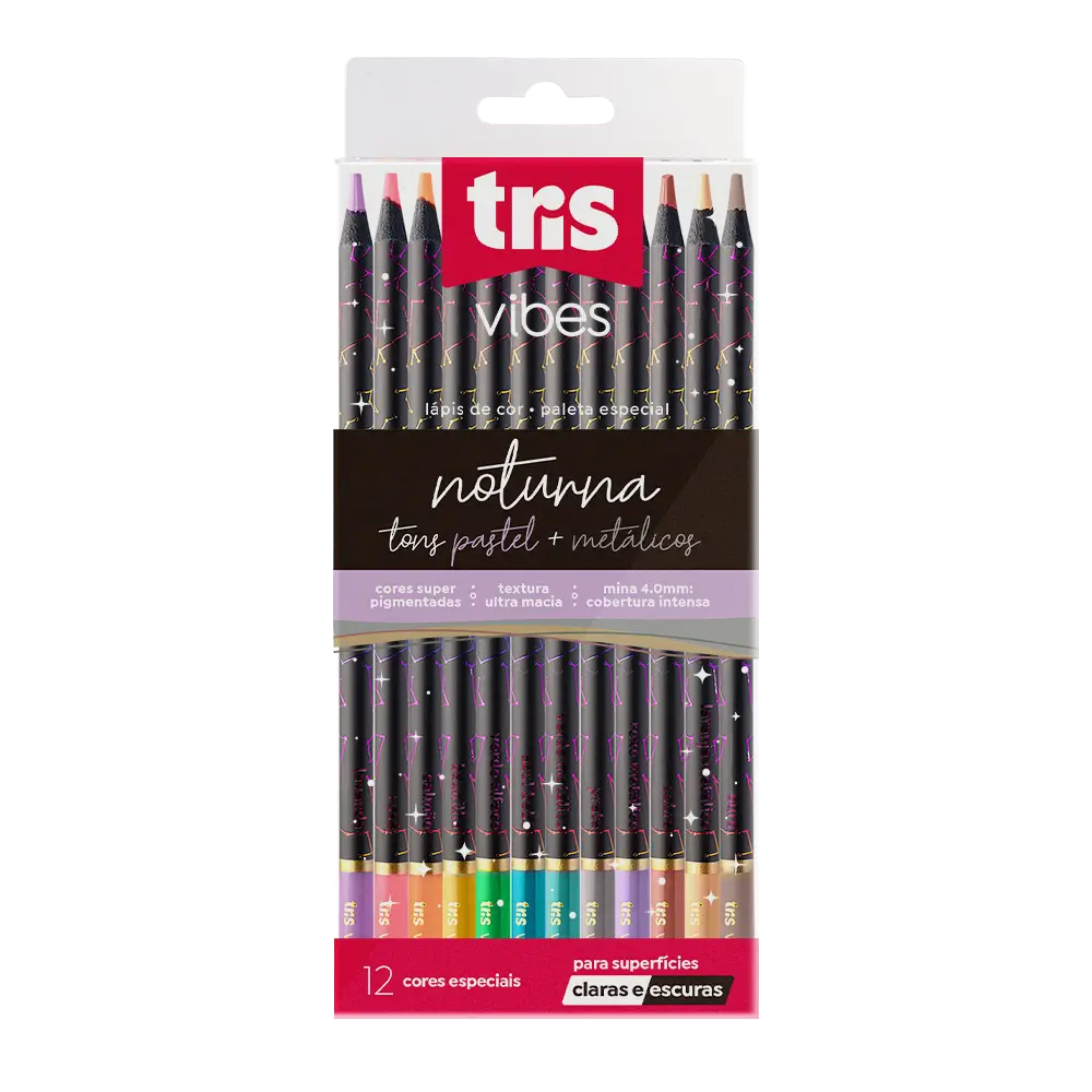 Lápis de Cor Vibes - Noturna - Tons Metálicos e Pastel - 12 Cores - Tris - Imagem 1