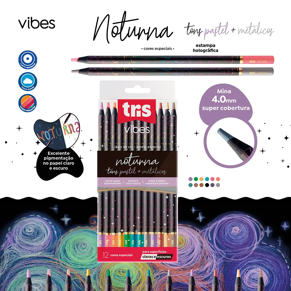 Lápis de Cor Vibes - Noturna - Tons Metálicos e Pastel - 12 Cores - Tris - Imagem 3