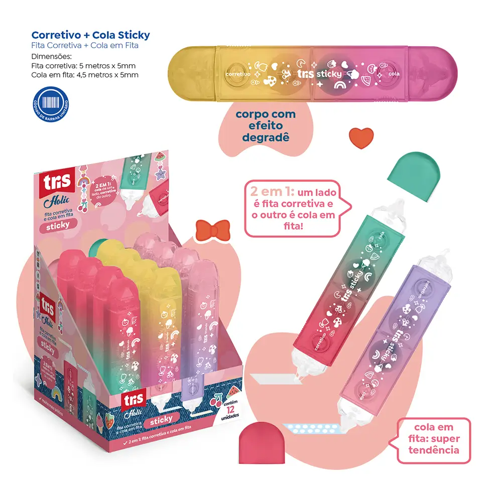 Fita Corretiva + Cola em Fita Sticky Holic Charm - Display C/ 12 un -Tris - Imagem 4