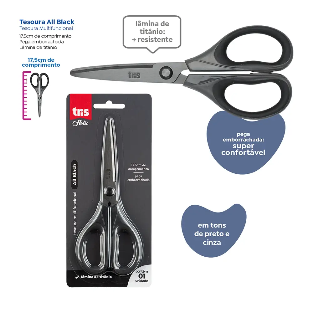 Tesoura Multifuncional Holic All Black - 17,5 cm - Lâmina de Titânio -Cartela C/ 1 un - Tris - Imagem 3