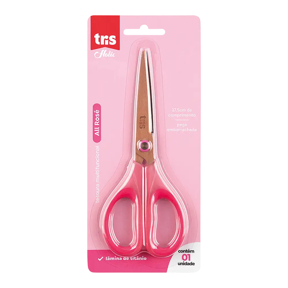 Tesoura Multifuncional Holic All Rosé - 17,5 cm - Lâmina de Titânio -Cartela C/ 1 un - Tris - Imagem 1