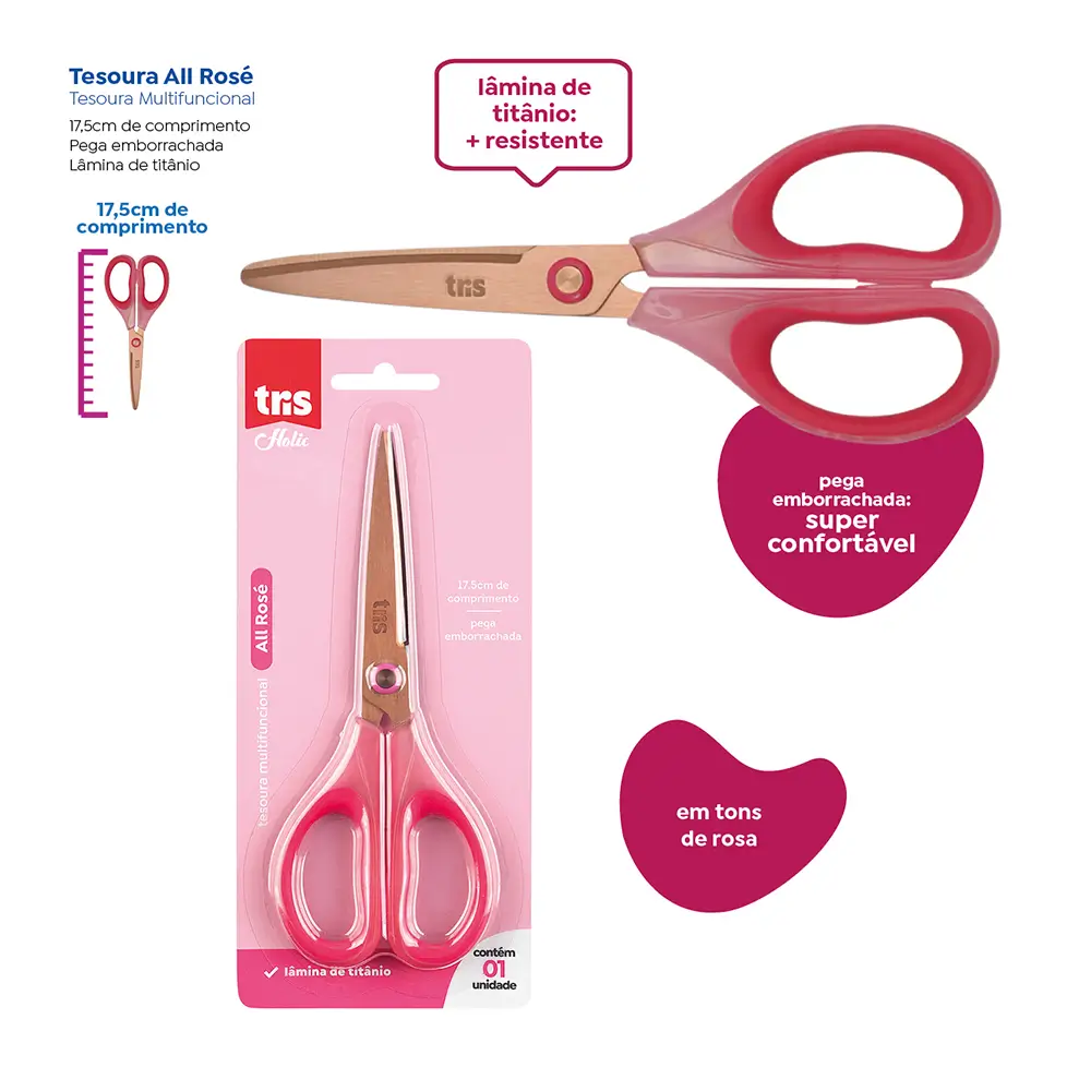 Tesoura Multifuncional Holic All Rosé - 17,5 cm - Lâmina de Titânio -Cartela C/ 1 un - Tris - Imagem 3