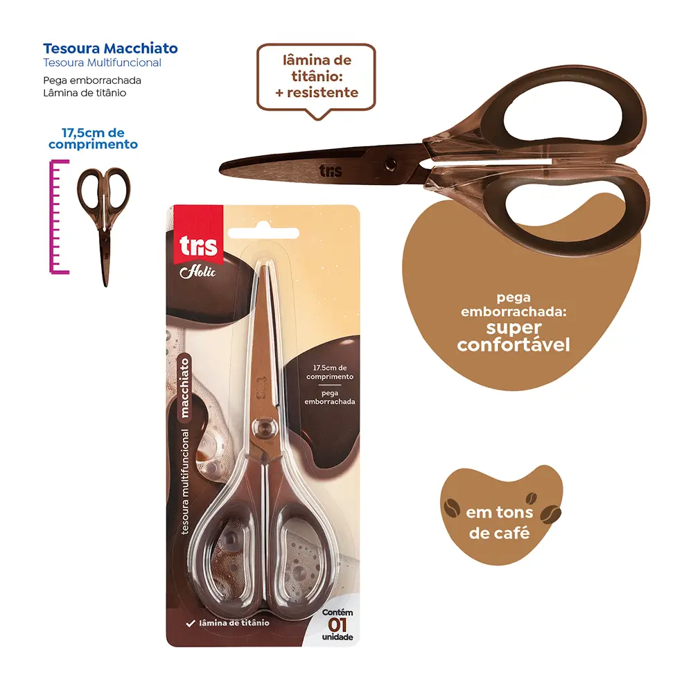 Tesoura Multifuncional Holic Coffee Shop - 17,5 cm - Lâmina de Titânio -Cartela C/ 1 un - Tris - Imagem 3