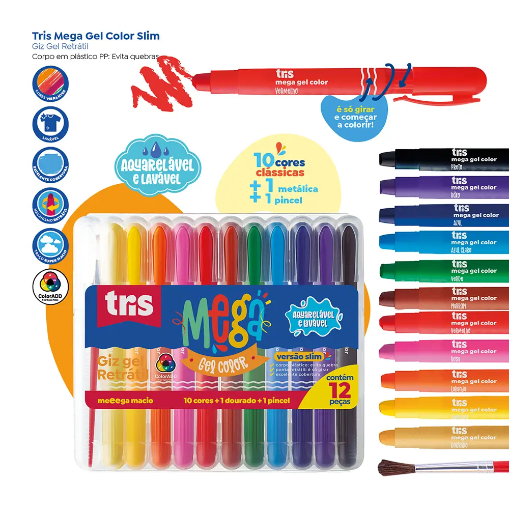 Giz Retrátil Slim Mega Gel Color - 10 Cores Regulares + Dourado + 1Pincel - Tris - Imagem 3