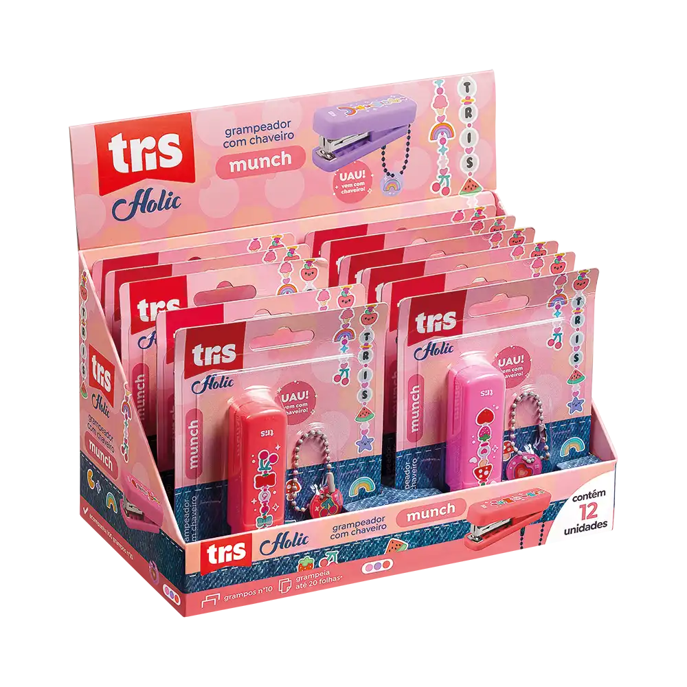 Grampeador Mini Munch Holic Charm - Com Chaveiro - Nº 10 - 20 Folhas -C/ 100 Grampos - Display C/ 12 Cartelas - Tris - Imagem 1