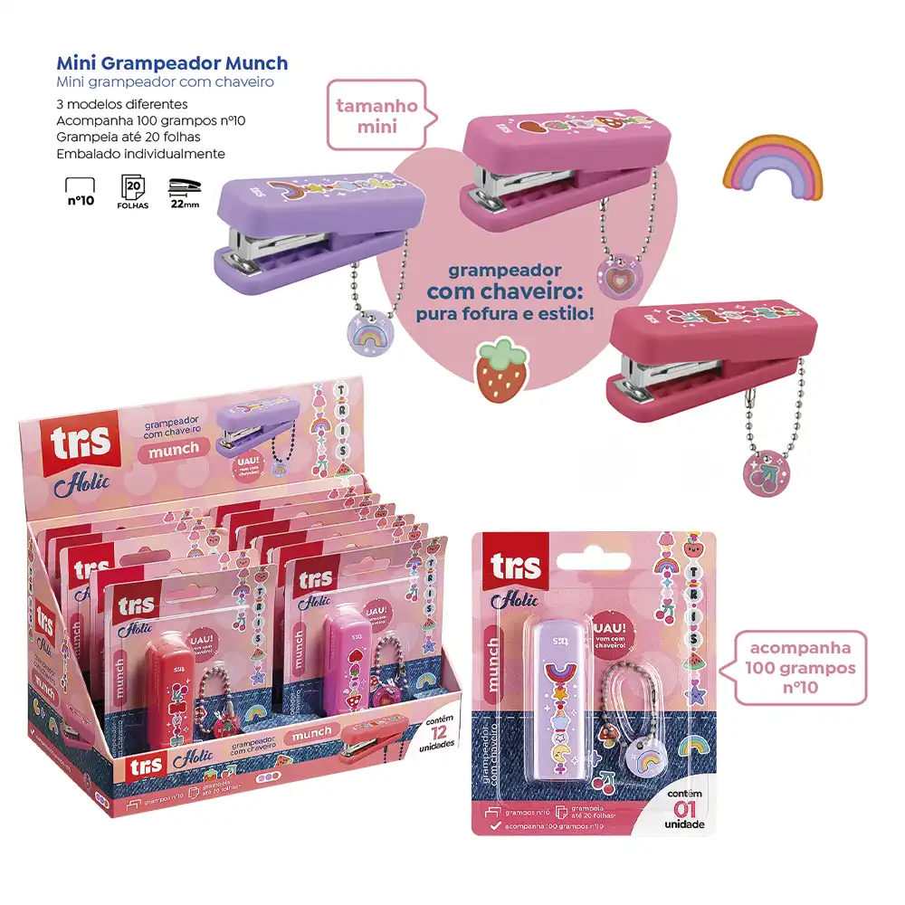 Grampeador Mini Munch Holic Charm - Com Chaveiro - Nº 10 - 20 Folhas -C/ 100 Grampos - Display C/ 12 Cartelas - Tris - Imagem 5