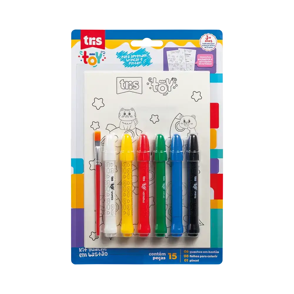 Kit Guache em Bastão Toy - 6 Cores + 8 Folhas Para Colorir + 1 Pincel -Tris - Imagem 1