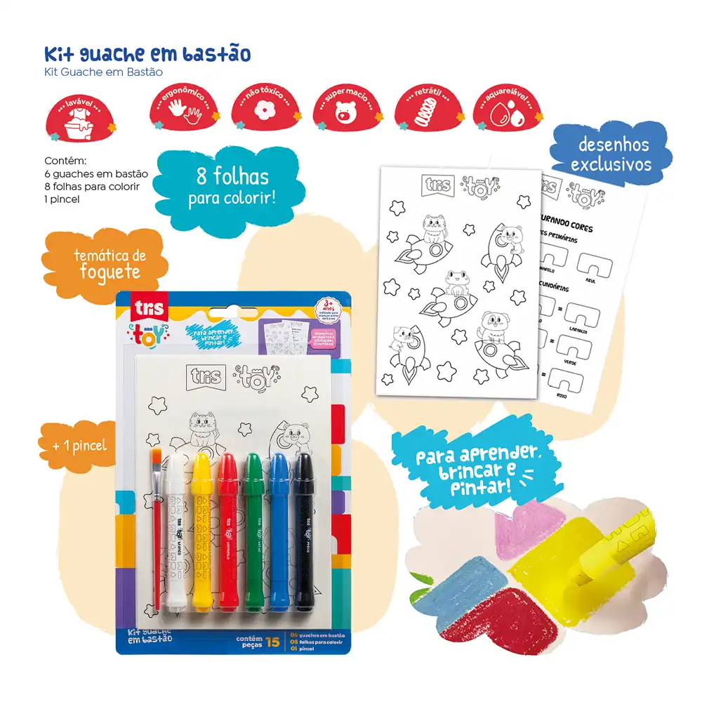 Kit Guache em Bastão Toy - 6 Cores + 8 Folhas Para Colorir + 1 Pincel -Tris - Imagem 5