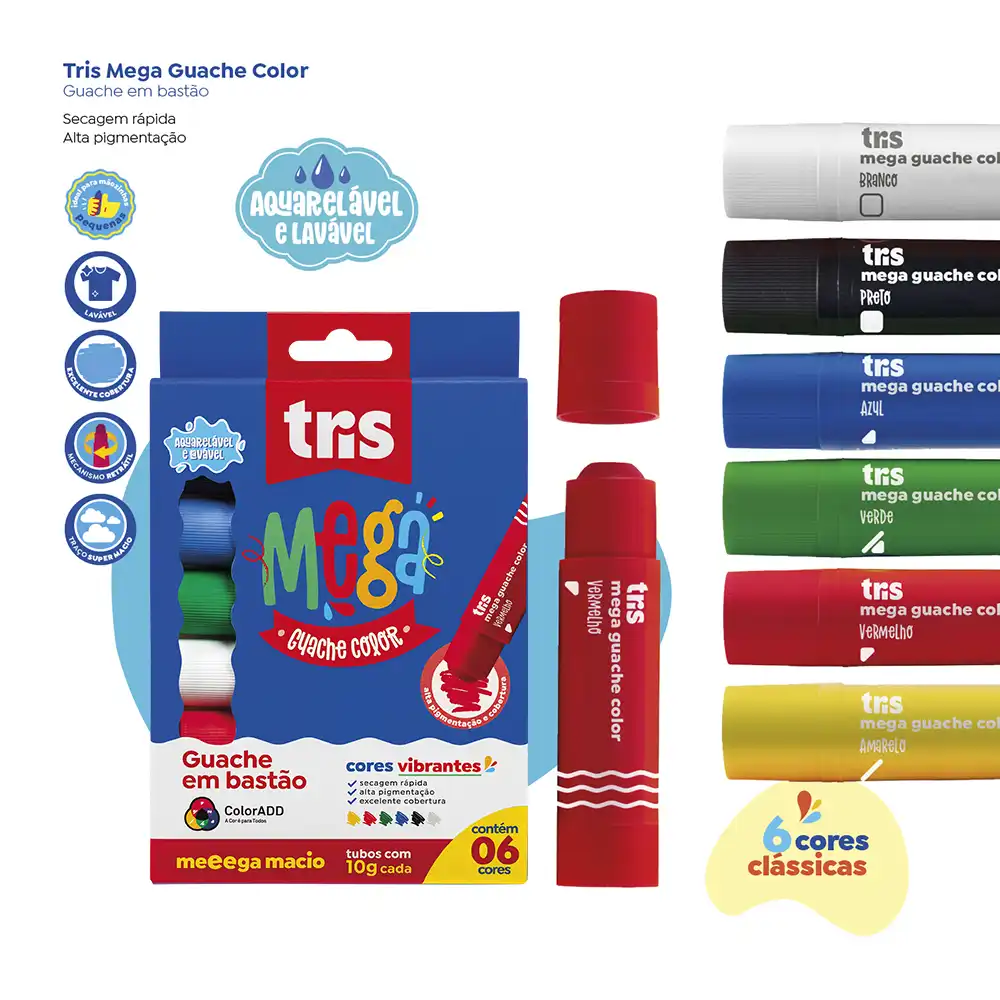 Guache em Bastão Mega Guache Color - 6 Cores Regulares - Tris - Imagem 4