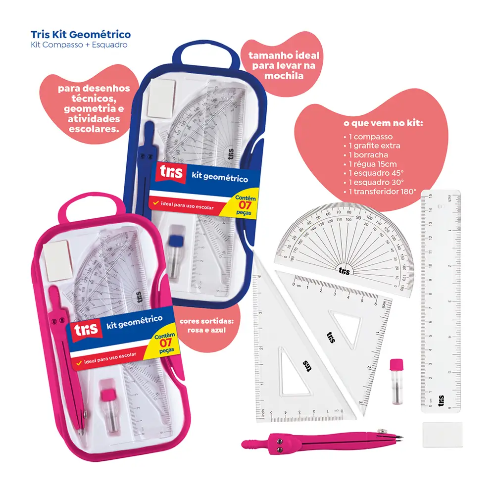 Kit Geométrico Escolar - Estojo C/ 7 peças - Tris - Imagem 4