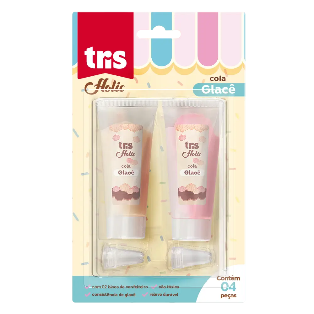 Cola Glacê Holic Docinhos - Tubo de 50 ml - Acompanha 2 Bicos deConfeitaria - Display C/ 12 Cartelas C/ 4 Peças Cada - Tris - Imagem 2
