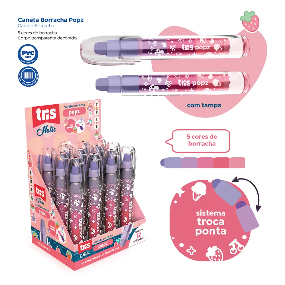 Caneta Borracha Popz Holic Charm - 5 Cores - Display C/12 un - Tris - Imagem 4