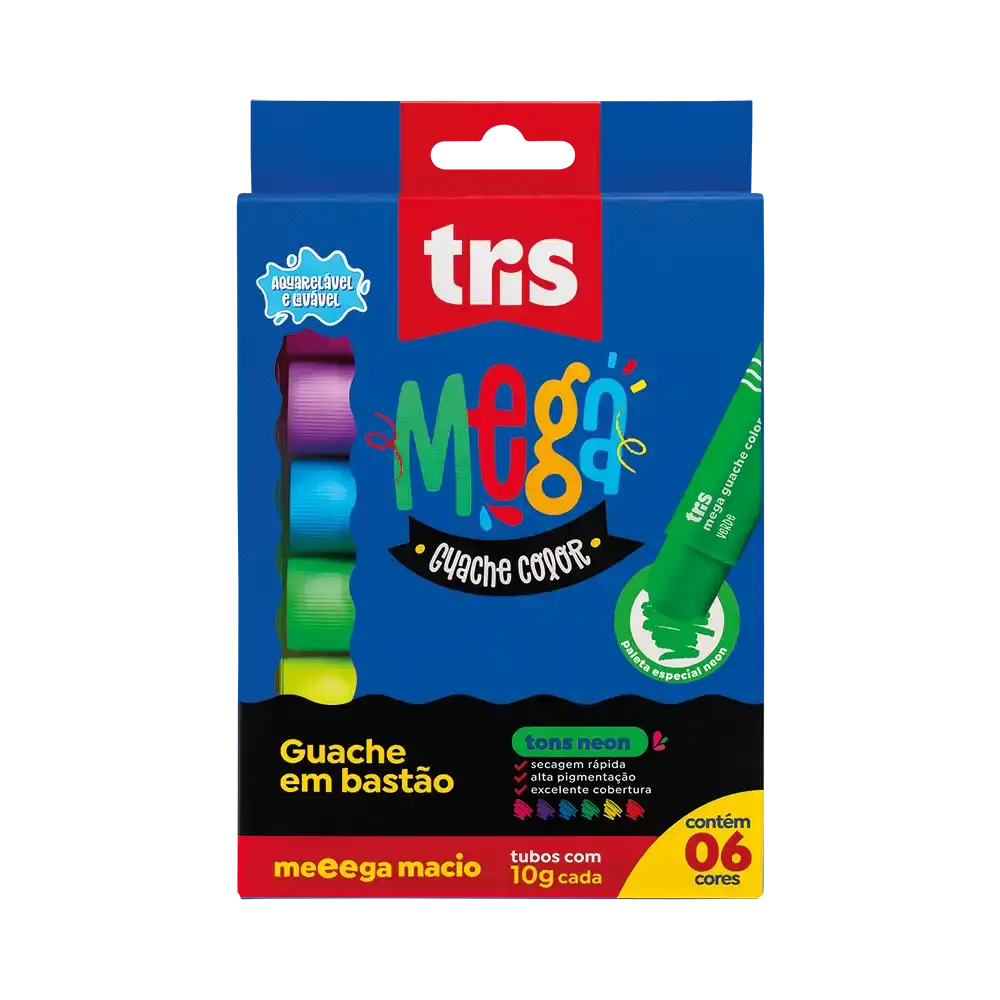 Guache em Bastão Mega Guache Color - 6 Cores Neon - Tris - Imagem 1