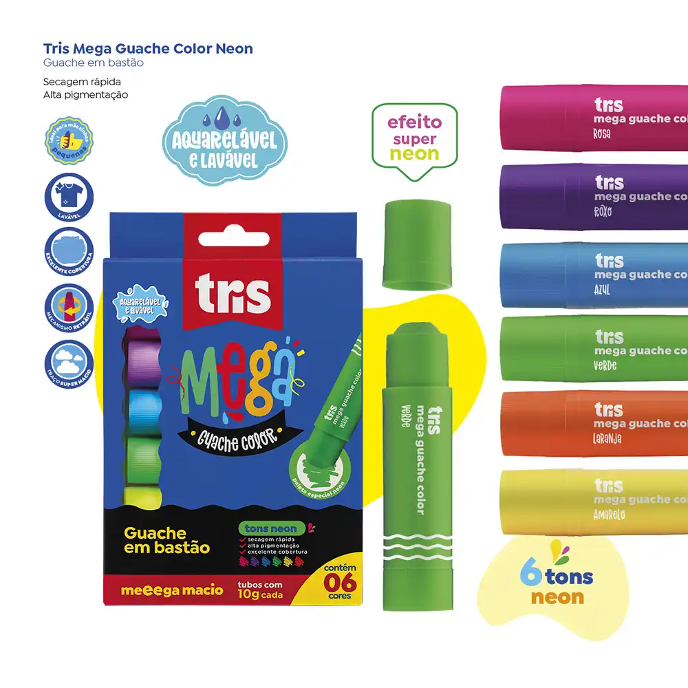 Guache em Bastão Mega Guache Color - 6 Cores Neon - Tris - Imagem 4