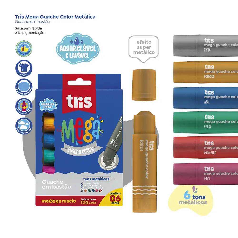 Guache em Bastão Mega Guache Color - 6 Cores Metálicas - Tris - Imagem 4