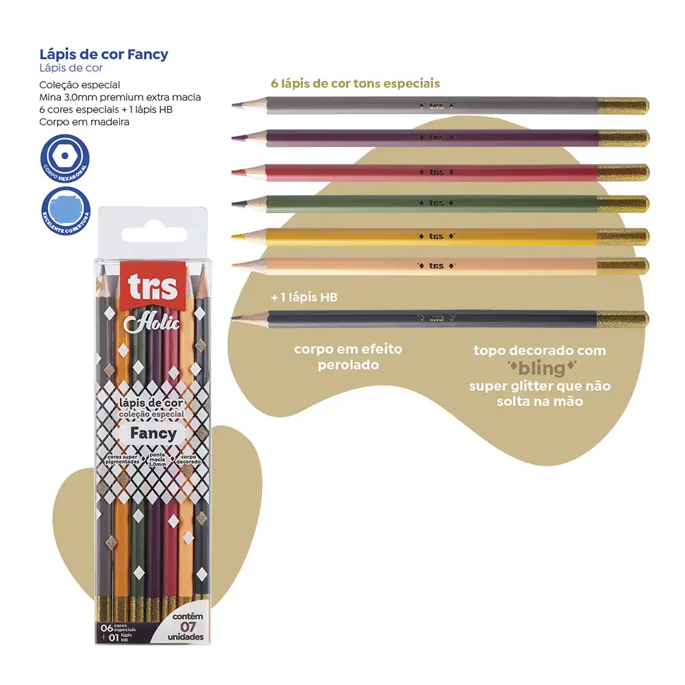 Lápis de Cor Holic Fancy - 6 Cores + 1 Lápis Grafite HB - Tris - Imagem 3