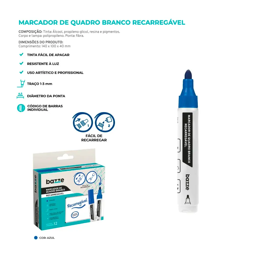 Marcador de Quadro Branco Recarregável - Azul - Caixa C/ 12un - Bazze - Imagem 4