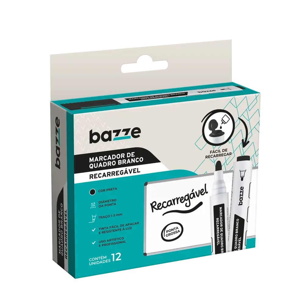 Marcador de Quadro Branco Recarregável - Preto - Caixa C/ 12un - Bazze - Imagem 1