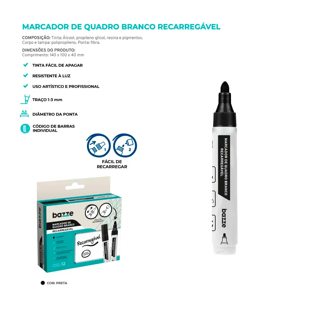 Marcador de Quadro Branco Recarregável - Preto - Caixa C/ 12un - Bazze - Imagem 4
