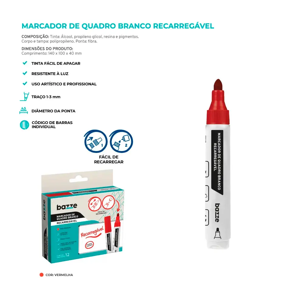 Marcador de Quadro Branco Recarregável - Vermelho - Caixa C/ 12un -Bazze - Imagem 4