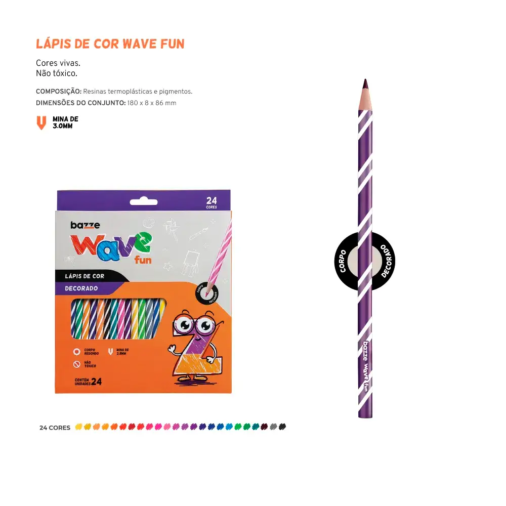 Lápis de Cor Wave Fun - Corpo Decorado - 24 Cores - Bazze - Imagem 4