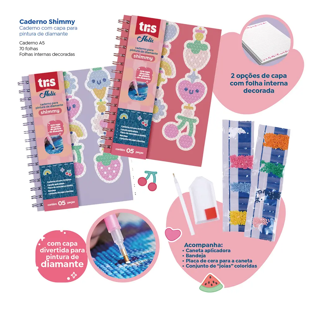 Caderno Pautado Shimmy Holic Charm - A5 - 70 Folhas - Capa Com Pinturade Diamante - Conjunto C/ 5 peças - Tris - Imagem 4